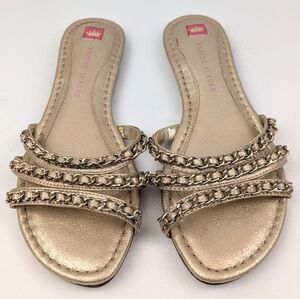 Elaine Turner Strappy Metallic Gold Sandals Chain Detail Flats Slides Glam 6.5